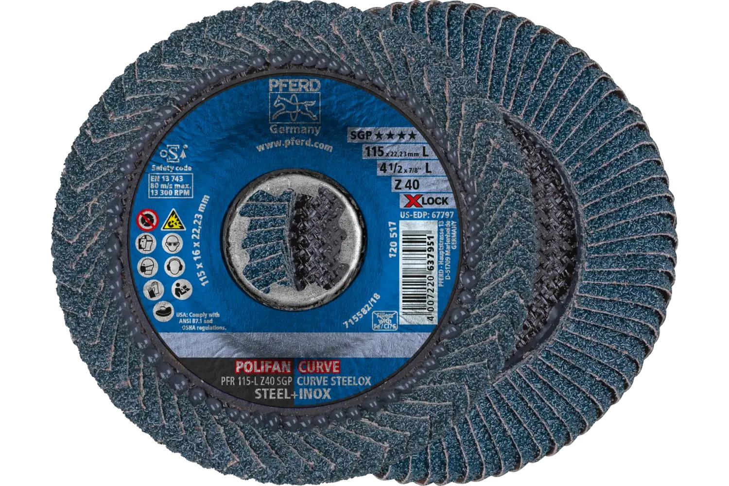 Picture of Pferd Flap Disc, 4-1/2", X-Lock, Z SGP Curve Steelox, 40 Grit, Large Radius, Zirconia